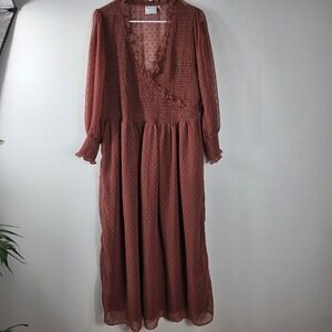 ASOS DESIGN Brown Swiss Dot Ruffle V Neck‎ Long Sleeve Maxi Dress Plus Size